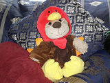 A Stuffed lion in a turkey costume